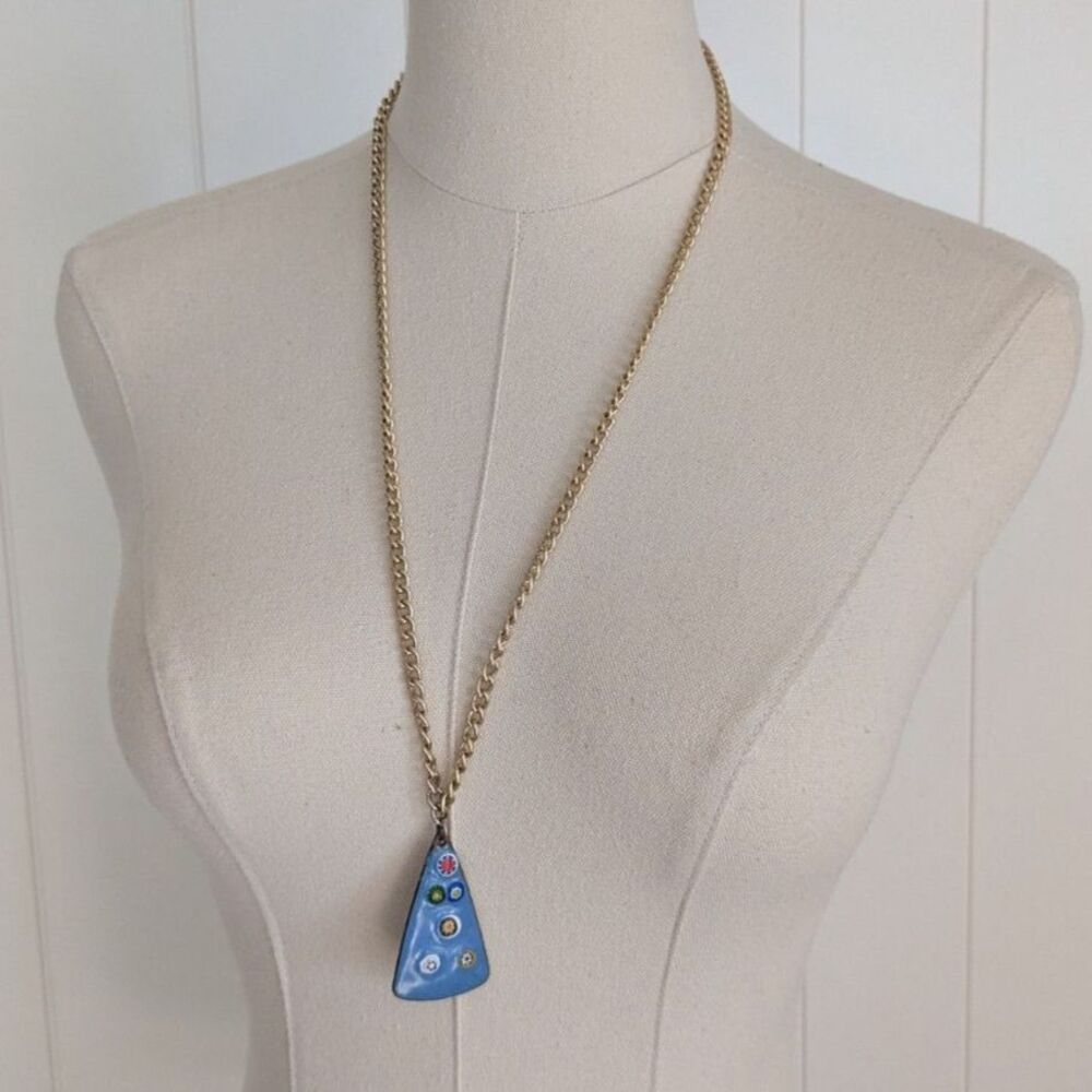 Vintage Enamel on Copper Blue Pendant Necklace, Millefiori Glass
